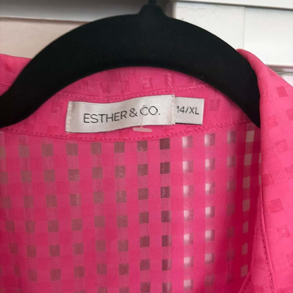 ESTHER & CO. Hot Pink Checkered Grid Sheer Button Up Blouse Size XL